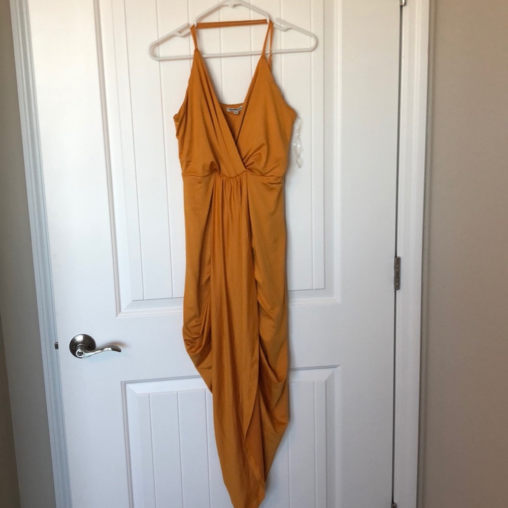 Never worn gold cross strap asymmetrical dress